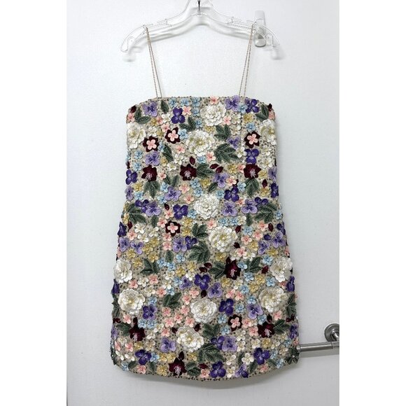 Alice + Olivia Velia Embellished Mini Gown Dress Floral Embroidered Champagne 12 - Picture 2 of 16